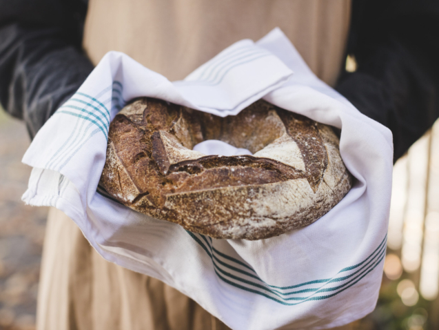 woman-s-hand-showing-rustic-bagel-bread-white-napkin